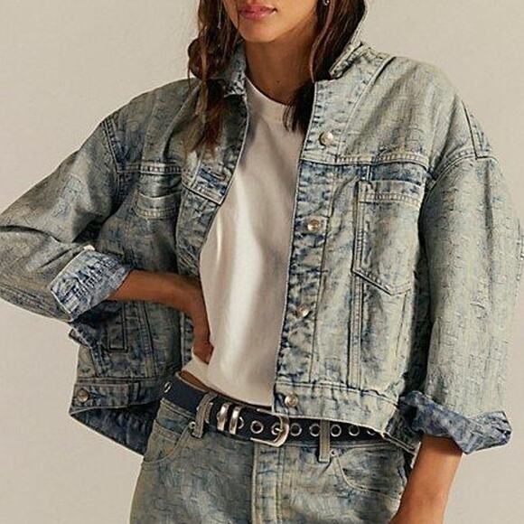 Free People Jackets & Blazers - We The Free People Jacquard Letters Denim Jacket Size Medium